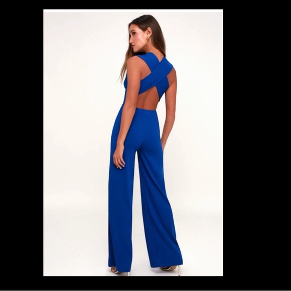 Lulu’s Thinking Out Loud Royal Blue Wide Leg Jumpsuit Plunge V. neckline Small - Picture 3 of 16